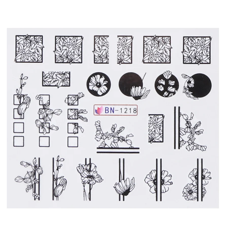 12 видов конструкций дизайн ногтей черные кружевные цветы наклейки-слайдеры водная наклейка лист Типсы тату Маникюр Полировка украшения LYBN1213-1224