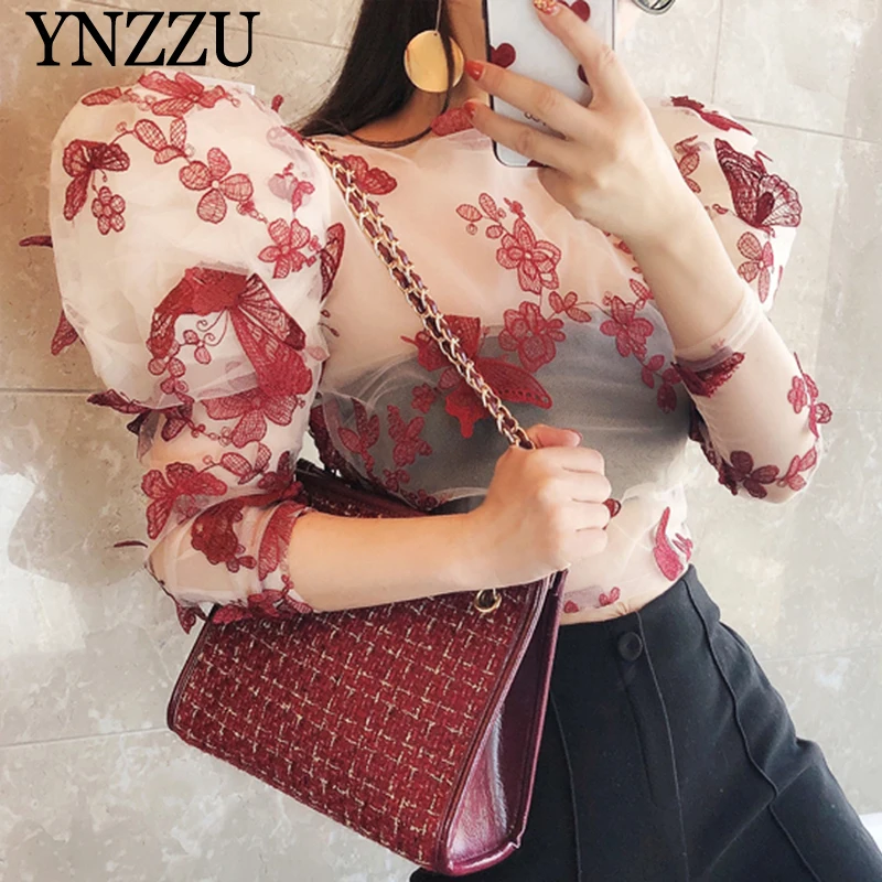 Винтажные Женские топы с пышными рукавами, новинка 2020, эластичная женская блузка с круглым вырезом и вышивкой, весна-лето, YNZZU YT784 Винтажные Женские топы с пышными рукавами, новинка 2020, эластичная женская блузка с круглым вырезом и вышивкой, весна-лето, YNZZU YT784