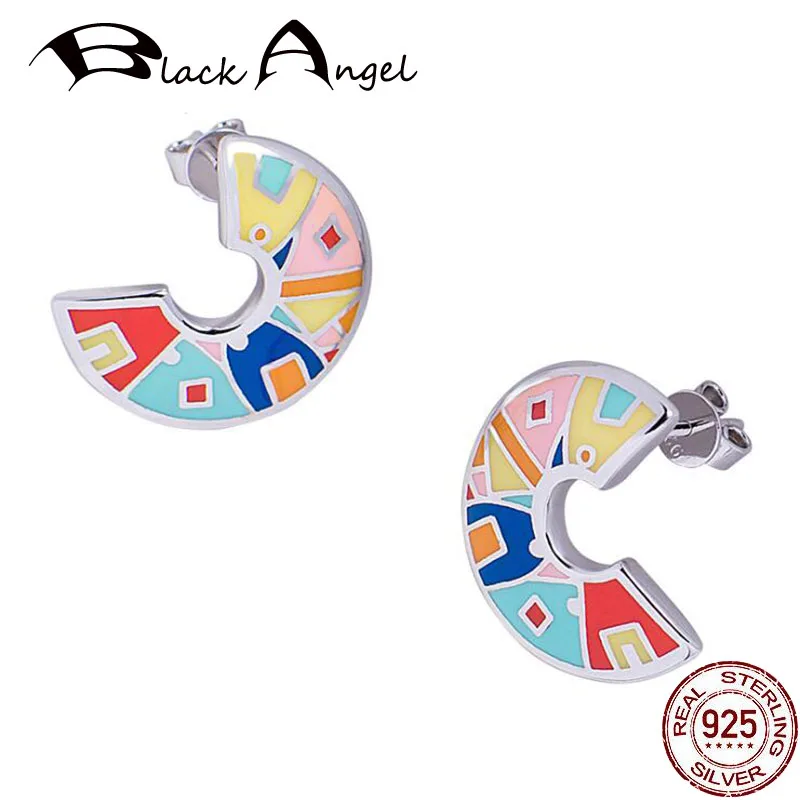 

Colorful Enamel Alphabet C Women Earrings 925 Sterling Silver Fashion Jewelry Chic Geometric Contrast Stud Earrings