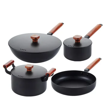

Japanese ancient iron pot with three or four piece set combination pot household frying pan non stick soup stewpan Chinese wok