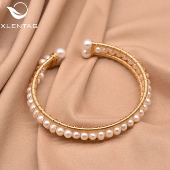 

XlentAg Handmade Natural Freshwater Pearl Double Layer Bangle For Women Daughter Gift Fine Jewelry Bransoletki Damskie GB0112
