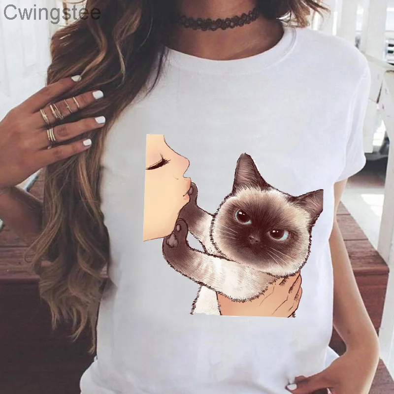 Женская милая футболка с рисунком кота и короткими рукавами 90s модная летняя