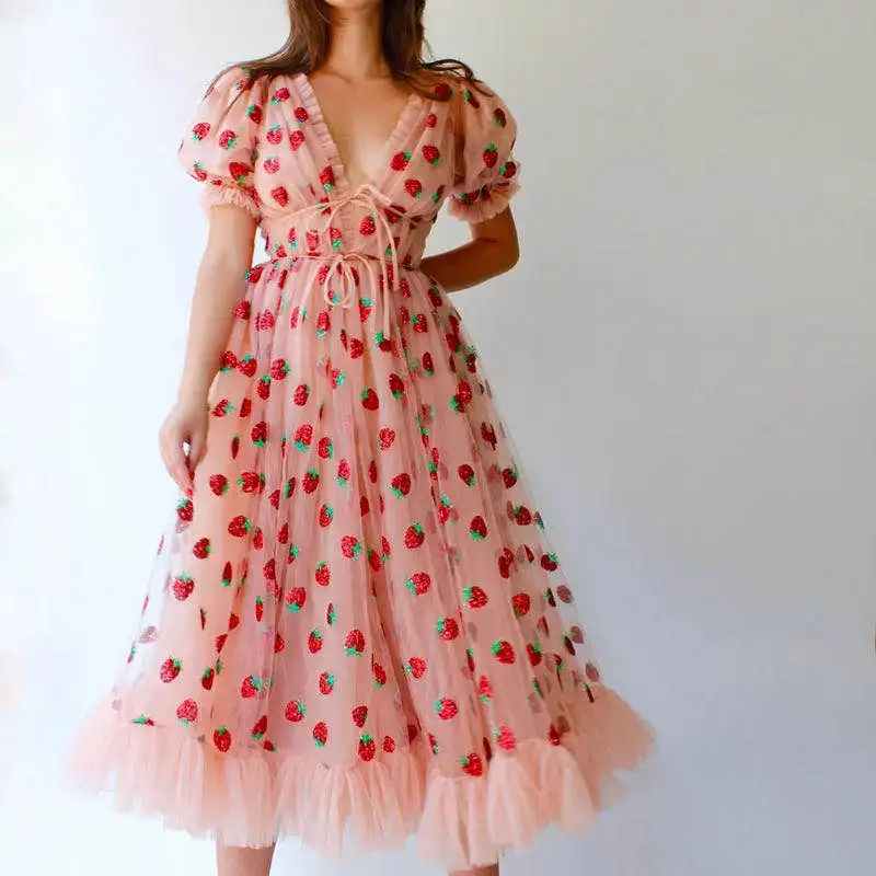 Strawberry Dress French Style Mesh Strap Pleated Dress Sexy V Neck Puff Sleeve Dress Patchwork Lace Up Party Dresses Strawberry Dress French Style Mesh Strap Pleated Dress Sexy V Neck Puff Sleeve Dress Patchwork Lace Up Party Dresses