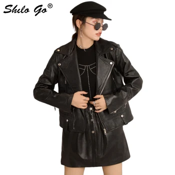 

Genuine Leather Jacket Black Highstreet Moto Zip Jacket Coats Women Autumn Casual Button Deatil Solid Long Sleeve Outwear Coats