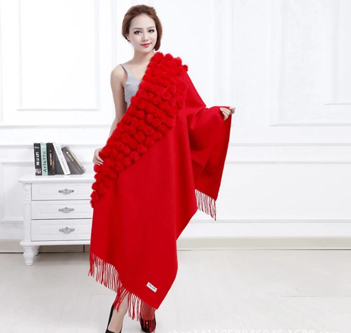 Women's Rabbit Fur Winter Pompom Shawl Scarf Full Showcase
