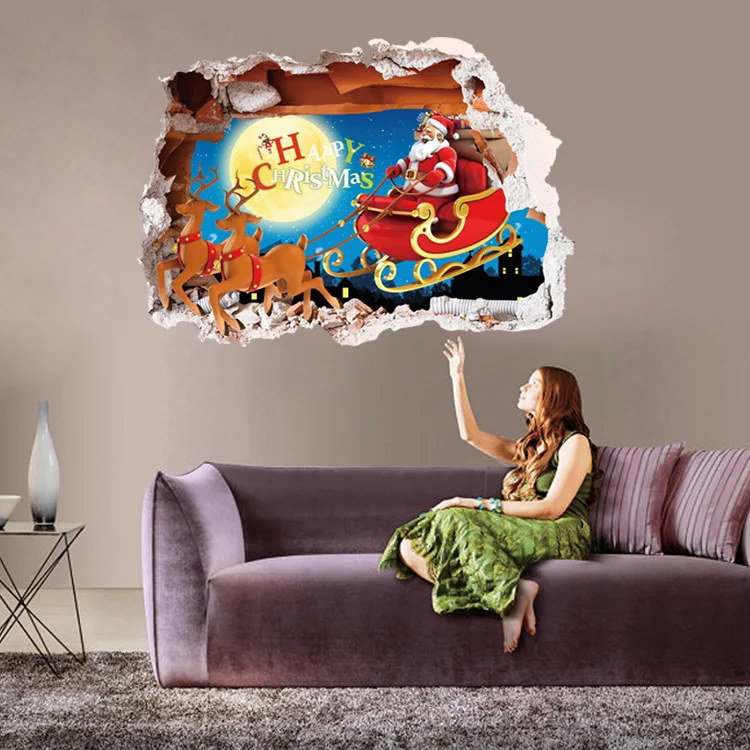 2020 new Santa 3D broken wall stickers environmental friendly removable decorative children's bedroom | Дом и сад