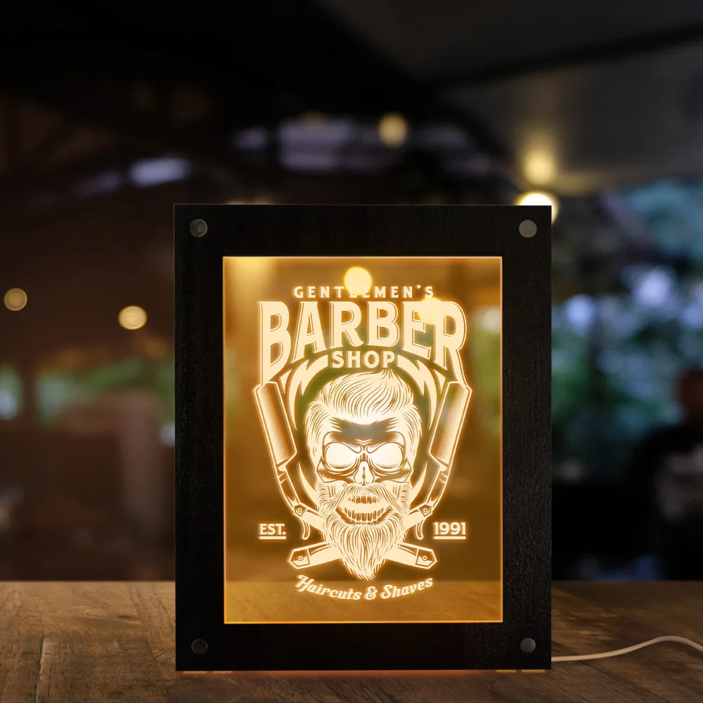 

Custom Barber Shop Name Optical illusion Table Night Light Men's Haircuts and shaves Salon Decorative Lighting Hairdresser Gift