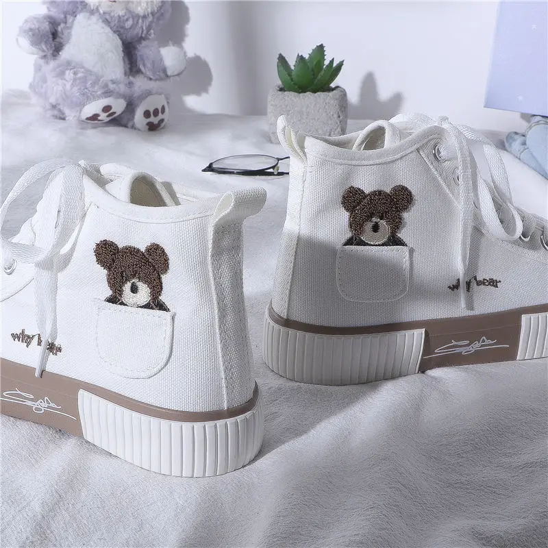 Women's Sneakers Kawaii Shoes Sports Vulcanized High Top Flats Casual Fashion Bear Spring Cute Harajuku Canvas Dropshipping