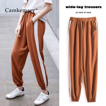 

CamKemsey Letter Embroidery Side Striped Summer Harajuku Cargo Pants 2020 Spring Elastic Waist Loose Ankle Length Sweatpants