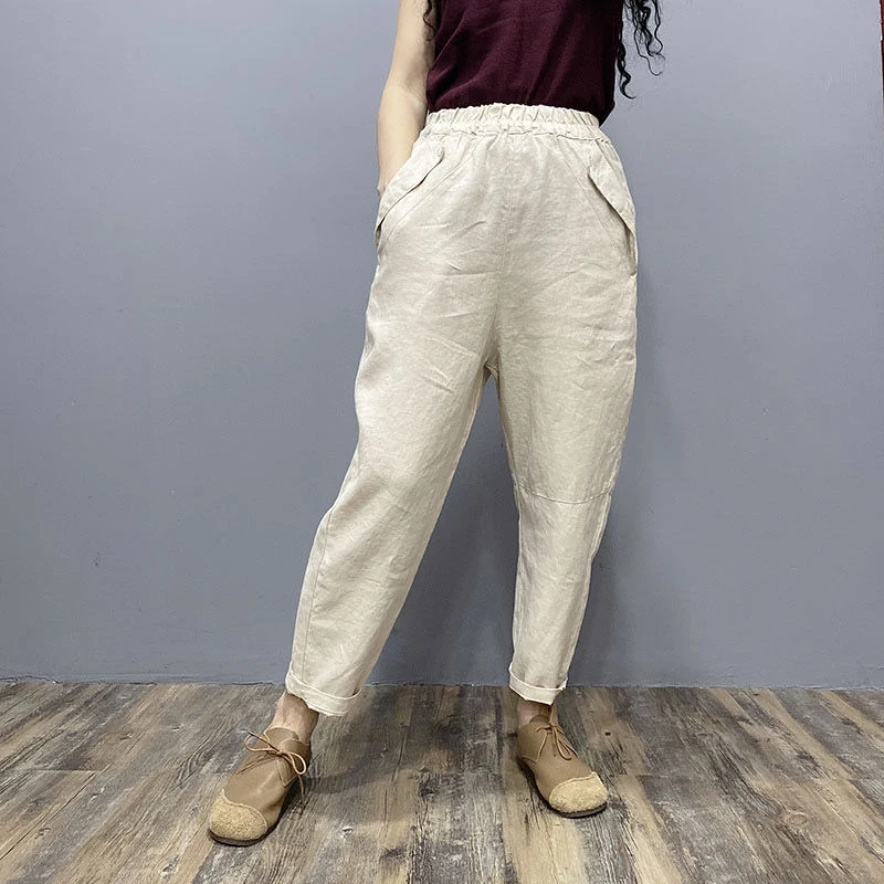 2020 Spring Summer Arts Style Women Elastic Waist Solid Casual Harem Pants vintage Cotton Linen Loose Ankle-length Pants S986 2020 Spring Summer Arts Style Women Elastic Waist Solid Casual Harem Pants vintage Cotton Linen Loose Ankle-length Pants S986