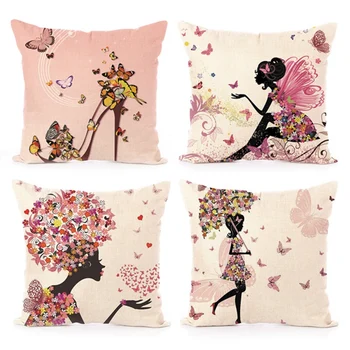 

Fairy Tales Style Printed Linen Decorative Pillow Covers Butterfly Girls Throw Pillowcase for Home