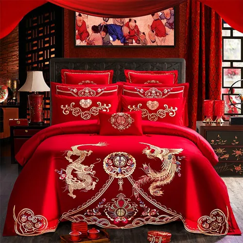 colour 3 Постельное белье для свадьбы, сатиновая скатерть с вышивкой, Комплект постельного белья, Красная Простыня, хлопок, Золотая текстура, пододеяльник, наволочки, Королевский размер - Цвет: colour 3