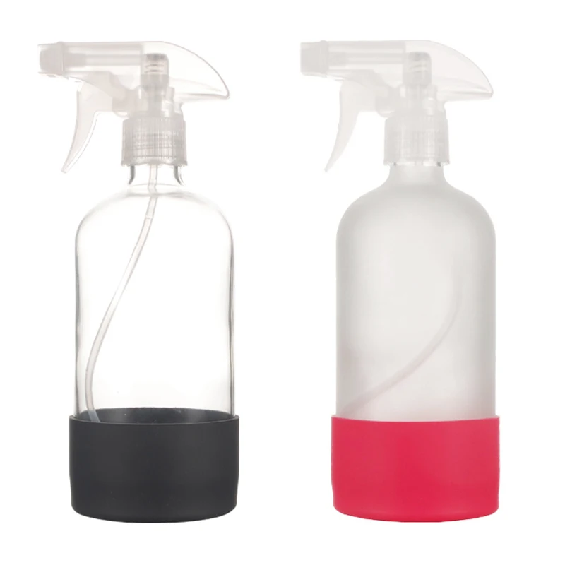 2 Pack Reusable Empty 500ml Amber Clear Glass Spray Bottle Silicone Sleeve 16 OZ Refillable Container With Black Trigger Sprayer-4