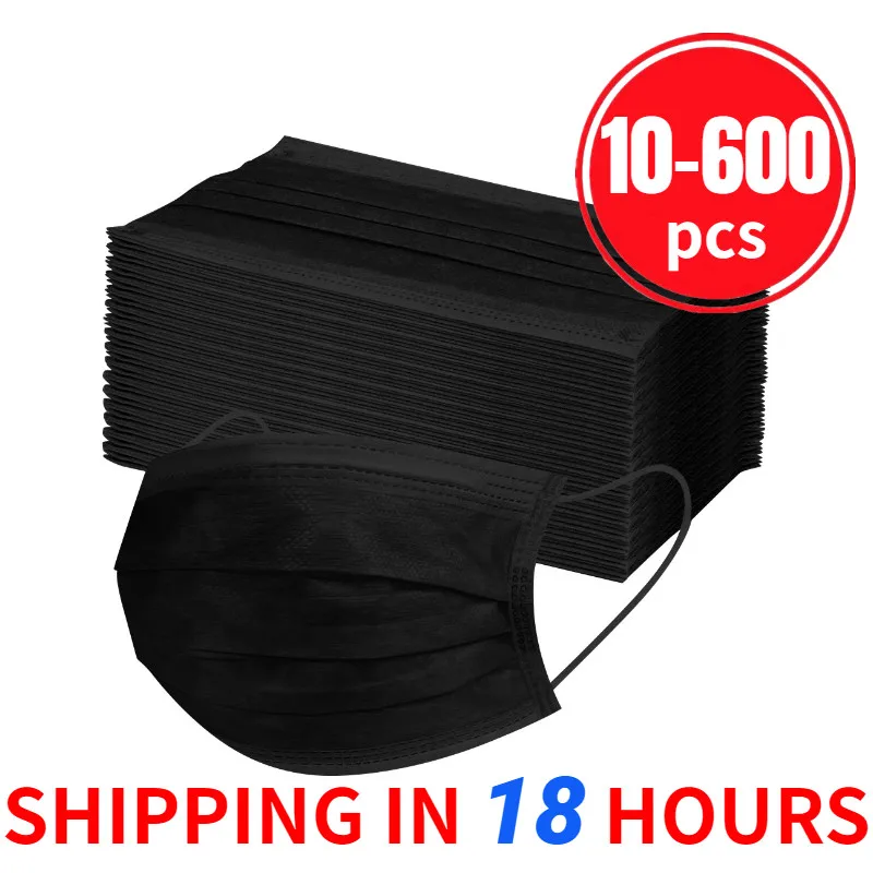 10/20/30/50/100/200/400/500/600 шт Черный Одноразовая Маска для лица 3ply петли уха взрослых