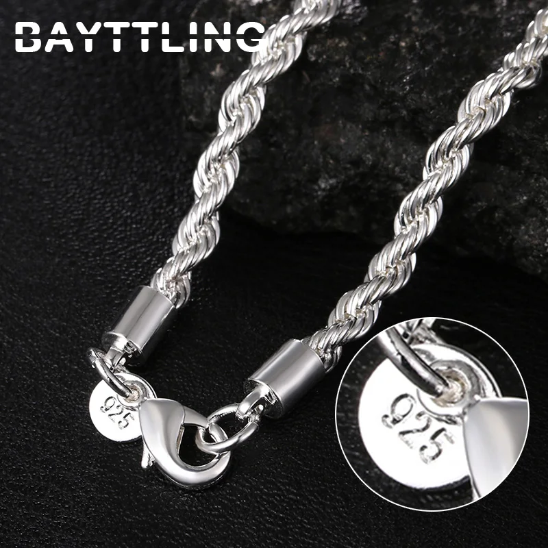 BAYTTLING 925 Sterling Silver 16/18/20/22/24 Inch 4MM Hemp Rope Chain Necklace For Woman Man Fashion Charm Wedding Jewelry Gift | Украшения