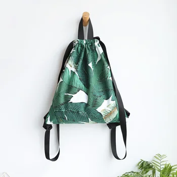 

Fashion Palm Leaf Pattern Canvas Drawstring Bags Backpack Shopping Bags Handbag Home Storage Organizer For Woman Studnt Travel
