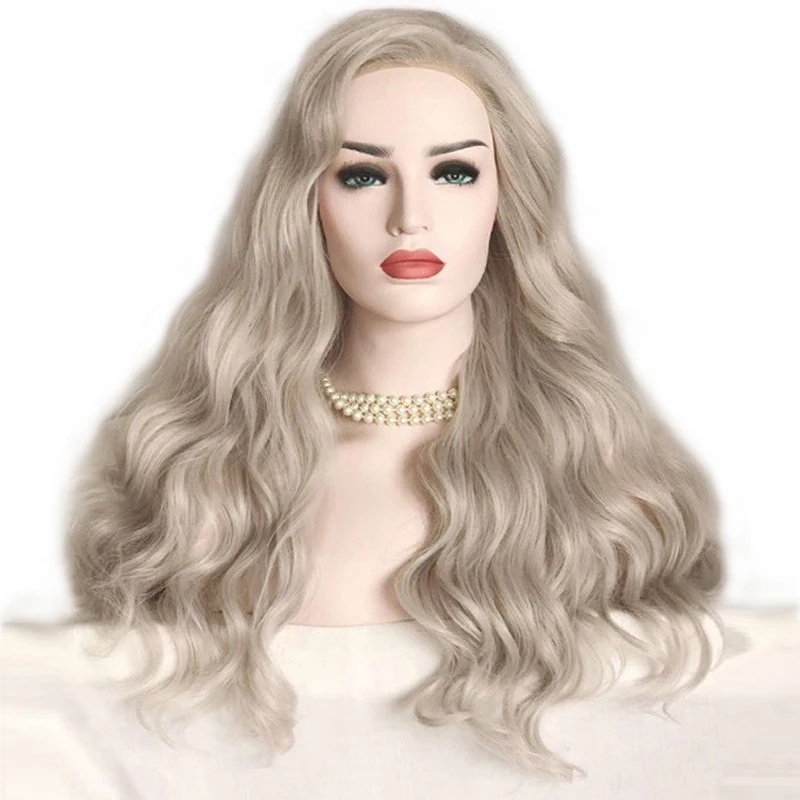 

RONGDUOYI Light Gray High Temperature Wavy Hair Synthetic Lace Front Wig Natural Wave Long Cosplay 13x3 Lace Wigs for Women