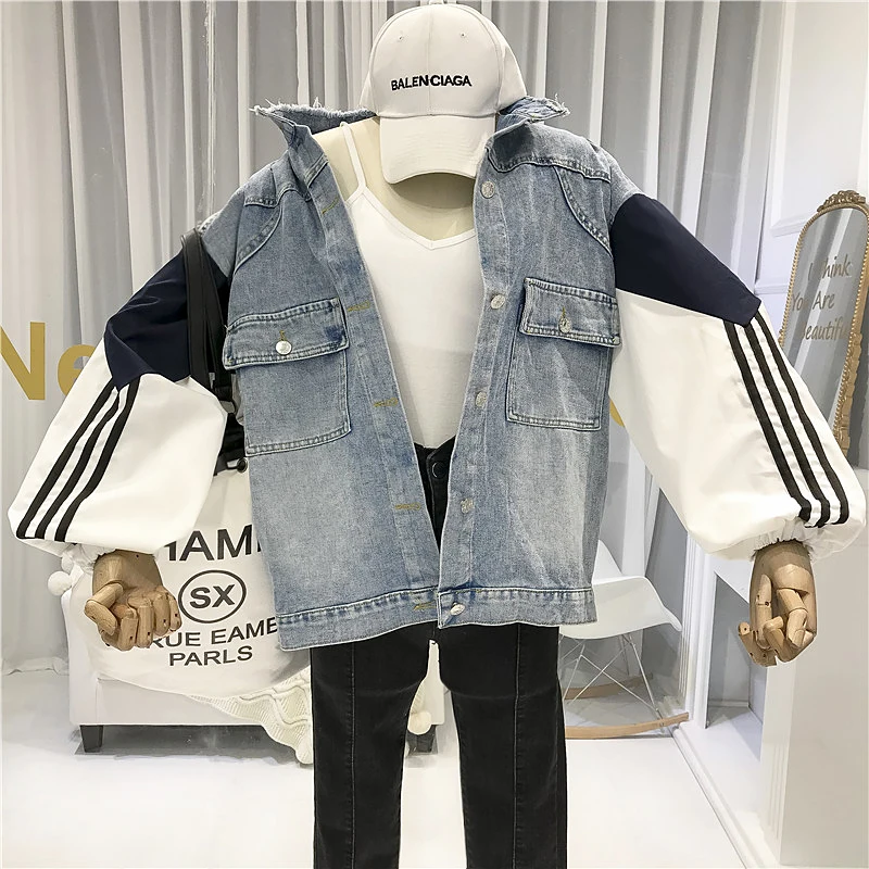 

2019 Patchwork Denim Jean Jacket 2019 Women Turn-down Collar Streetwear Single Breasted Loose Coats and Jackets Women