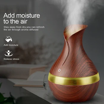 

300 Ml Ultrasonic Air Humidifier Aroma Essential Oil Diffuser With Wood Grain 7 Color Changing Led Lights For Office Home Deep C