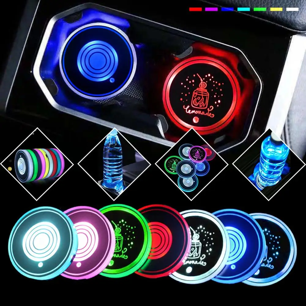 

2PC LED Cup Pad Car Accessories Light Cover Interior Decoration Lights 7 Colors with 7 Colors Changing USB Charging