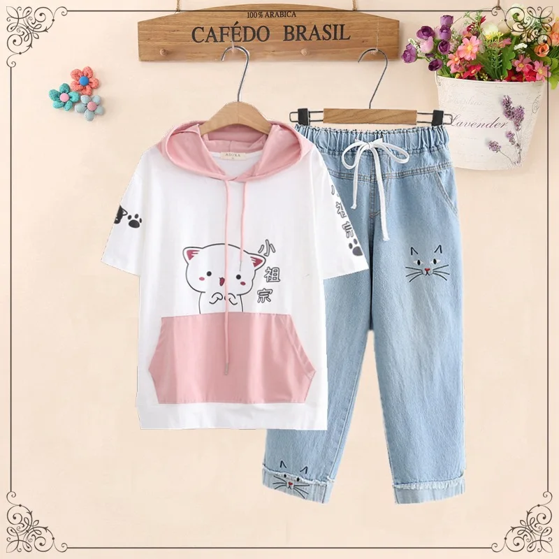 Women Sets Top And Pants Cartoon Print Hooded T Shirt With Elastic Waist Embroidery Calf Length Denim Pants Summer Clothes Sets lounge wear sets Women's Sets