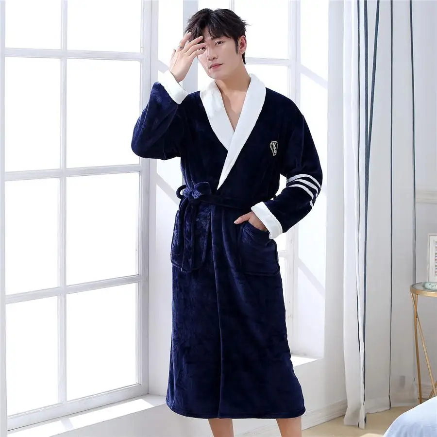 Халат-кимоно, фланелевая Зимняя Теплая мужская домашняя одежда, элегантная однотонная длинная ночная рубашка, Повседневная Мягкая ночная рубашка - Цвет: Navy Blue5