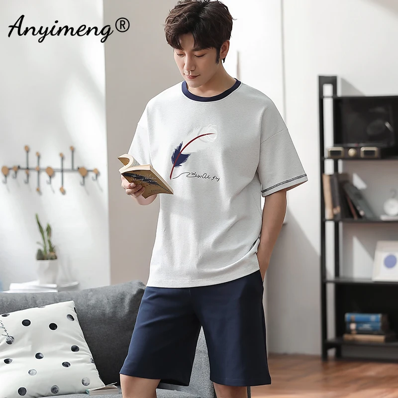 Young Men Pajamas for Summer Soft Breathable Cotton Home Clothing Sets Pullover Plaid Bottoms Casual Youth Teenagers Lounge Wear