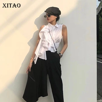 

XITAO Irregular Ruffles Sleeveless Tank Women Korea Fashion White Slim Sheath Off Shoulder 2019 Summer Office Lady Top GCC1081