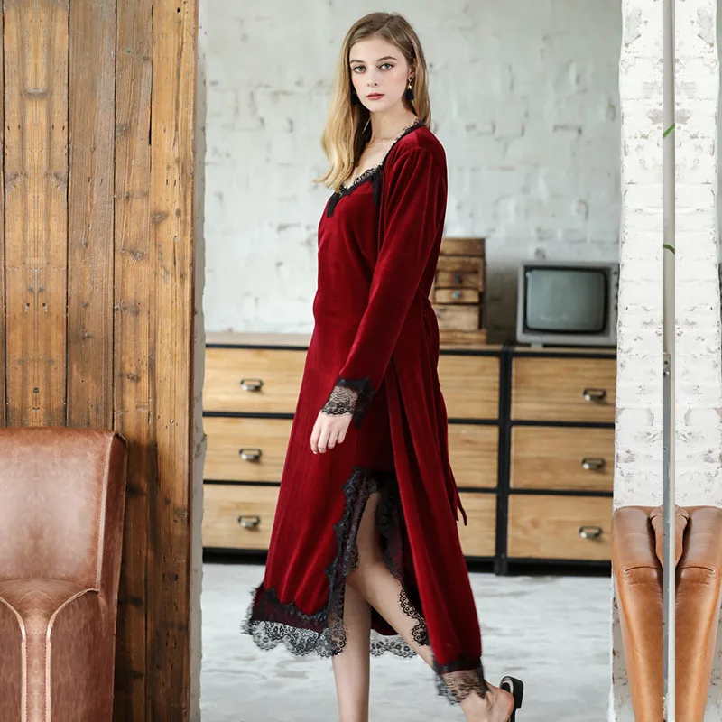 

Yao ting Gold Velvet Single Robe Autumn & Winter Women's Long Lace Edge Slit Single Women's Robes Sr393