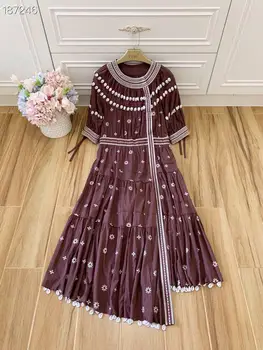 

High Quality 2020 Autumn Runway Midi Dress Women Half Sleeves Embroidered Asymmetric Holiday Dress