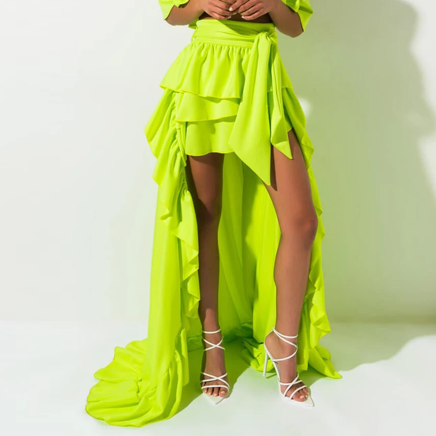 

Chic 2019 Neon Green Chiffon High Low Long Women Skirts To Party Sash Fashion Tiered Summer Maxi Skirts Ruffles