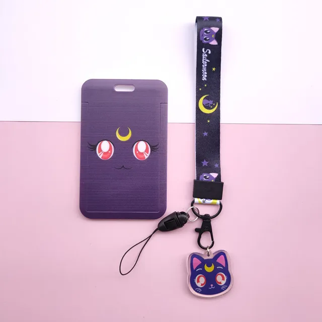 Anime Kawaii Cartoon Moon Cat Lanyard Wristband Credit Card ID Holder Bus Pass Staff Name Tag Badge Holders for Girls C