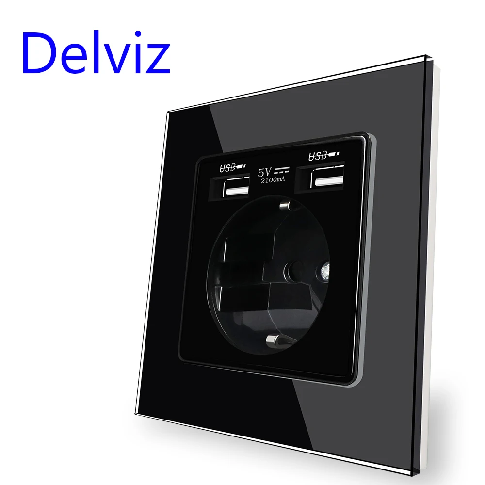 Delviz EU Standard USB Socket, 5V Double usb Household security charging interface,Tempered Crystal Panel, 16A Wall Power Outlet