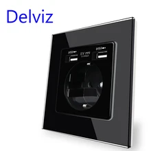 Delviz de cristal templado enchufe de Panel 5V doble usb carga de seguridad interfaz estándar de la UE 16A Pared de alimentación USB de salida
