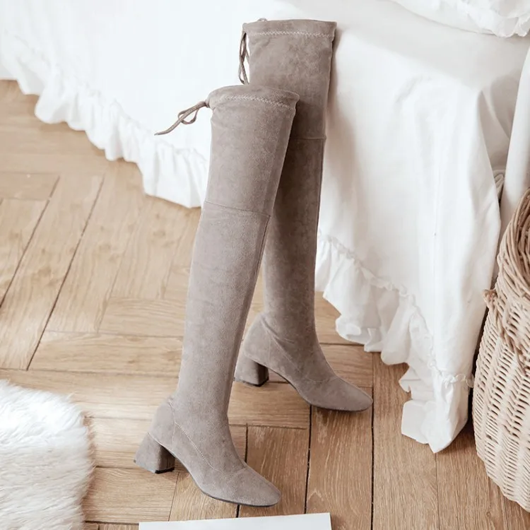 NASBAVI new Elastic Slim Fit Over The Knee Boots Women Winter thigh Lace up ladies mid heel Solid color long boot
