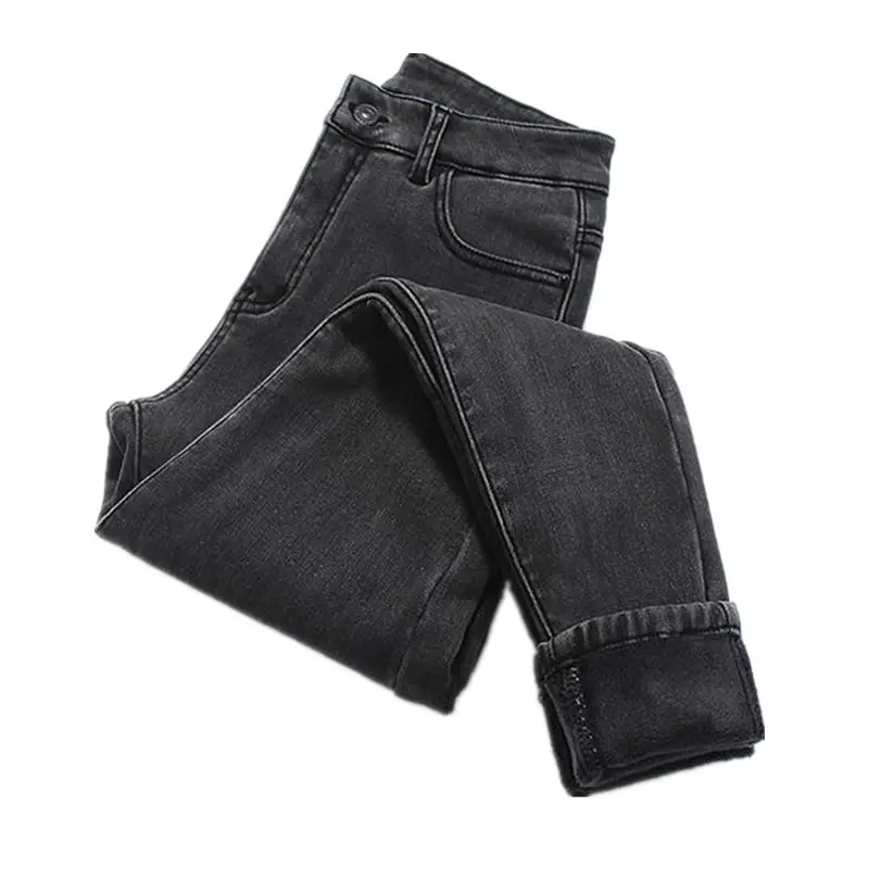 Dark grey jeans Плюс бархатные зимние джинсы женские теплые плотные Стрейчевые джинсы с высокой талией женские джинсовые узкие брюки джинсы бойфренды для женщин Q1910 - Цвет: Dark grey jeans