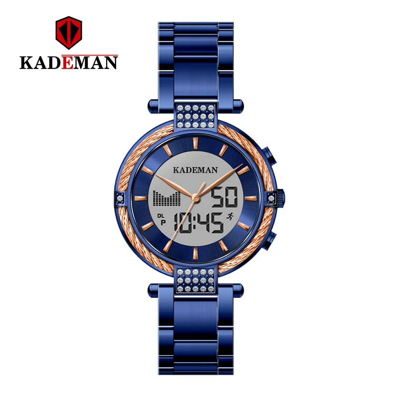 Kademan Relojes Para Mujer модные женские часы цифровой двойной дисплей Кварцевые часы из нержавеющей стали водонепроницаемые наручные часы - Цвет: blue