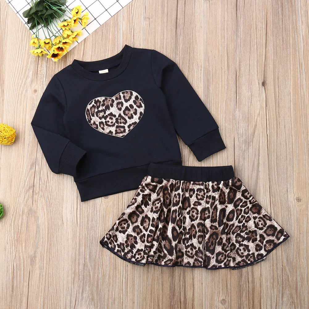 Детский комплект из 2 предметов для маленьких девочек, Леопардовый топ с длинными рукавами+ юбка, модный набор одежды