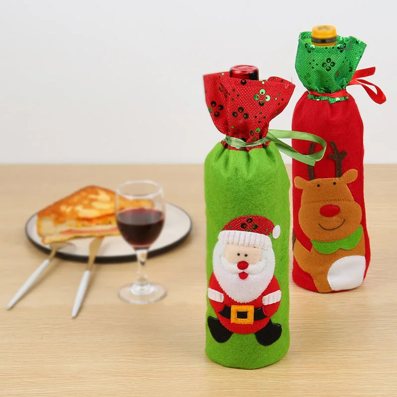 Christmas Red Wine Bottle Covers Sequin Embroidery Santa Claus Snowman Elk Red Wine Bottle Covers