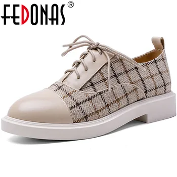

FEDONAS Popular Patchwork Genuine Leather Women's Shoes Cross Tied Round Toe Thick Heels Pumps Classic Working Shoes Woman New