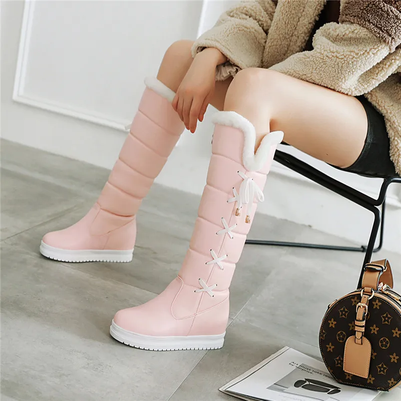 Meotina/зимние сапоги женские сапоги до колена, увеличивающие рост, с перекрестной шнуровкой теплая плюшевая обувь с круглым носком женская обувь розового цвета, размер 43