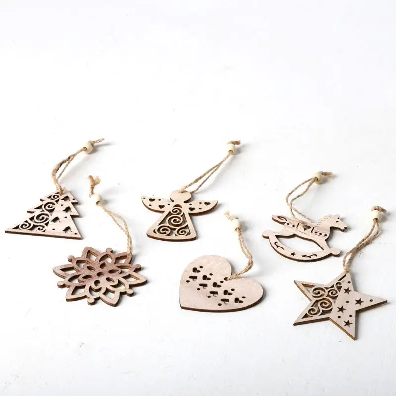 

6pcs/set Wooden Christmas Tree Heart Star Snowflake Hanging Pendant Ornament DIY Crafts Party Decor Gifts 634E