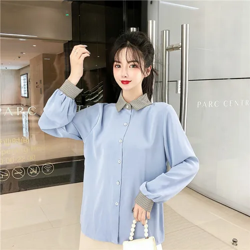 blue top Модный костюм с юбкой, клетчатая рубашка+ юбка с высокой талией, женская блузка с длинным рукавом, нестандартная мини-юбка, комплекты - Цвет: blue top