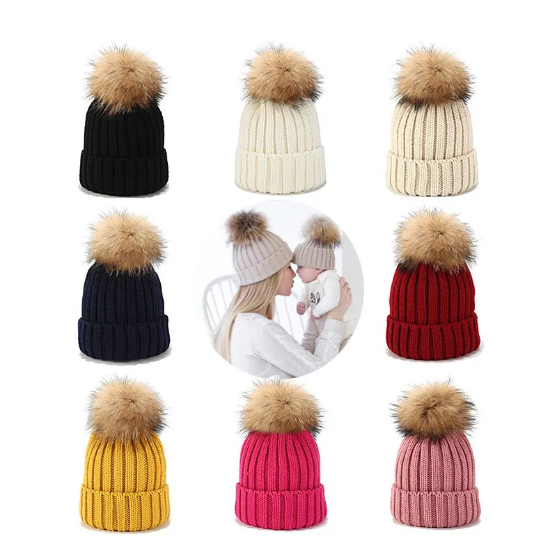 

Female Wool Beanies hat Real Natural Fur Pom Poms Fashion Solid Knitted Hat Girls Child Beanie Cap Pompom Winter Hats for Women