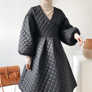 

2020 French Design Dress Style Cotton-Padded Jacket Down Cotton Long Dress Warm Casual Padded Ladies Black White A-line Vestidos