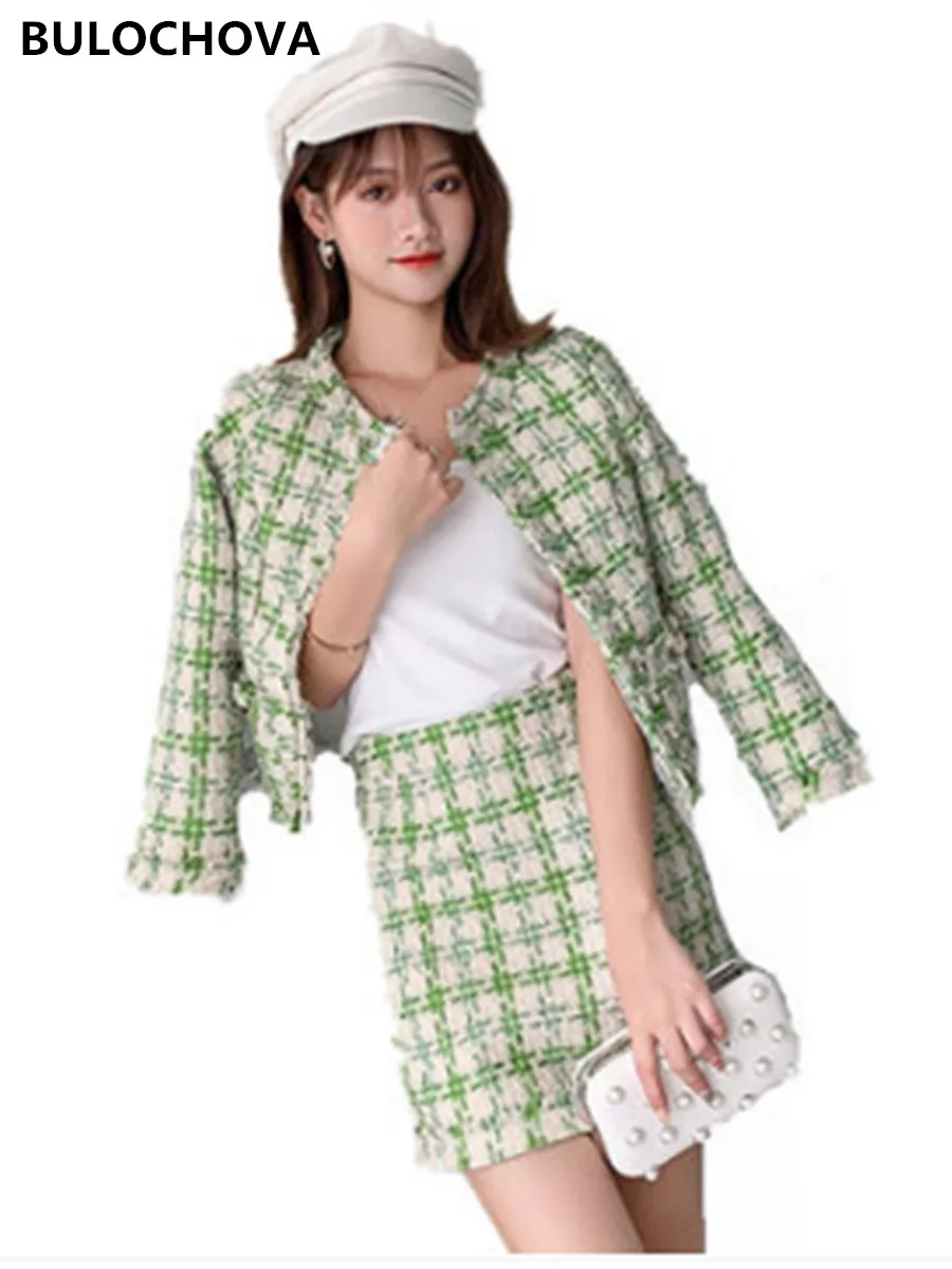 Women Green Plaid Tassel covered button Pockets Short Jacket Coat + Mini Skirt 2 Pieces Sets 2019 Newest Autumn Tweed Wool Suit |