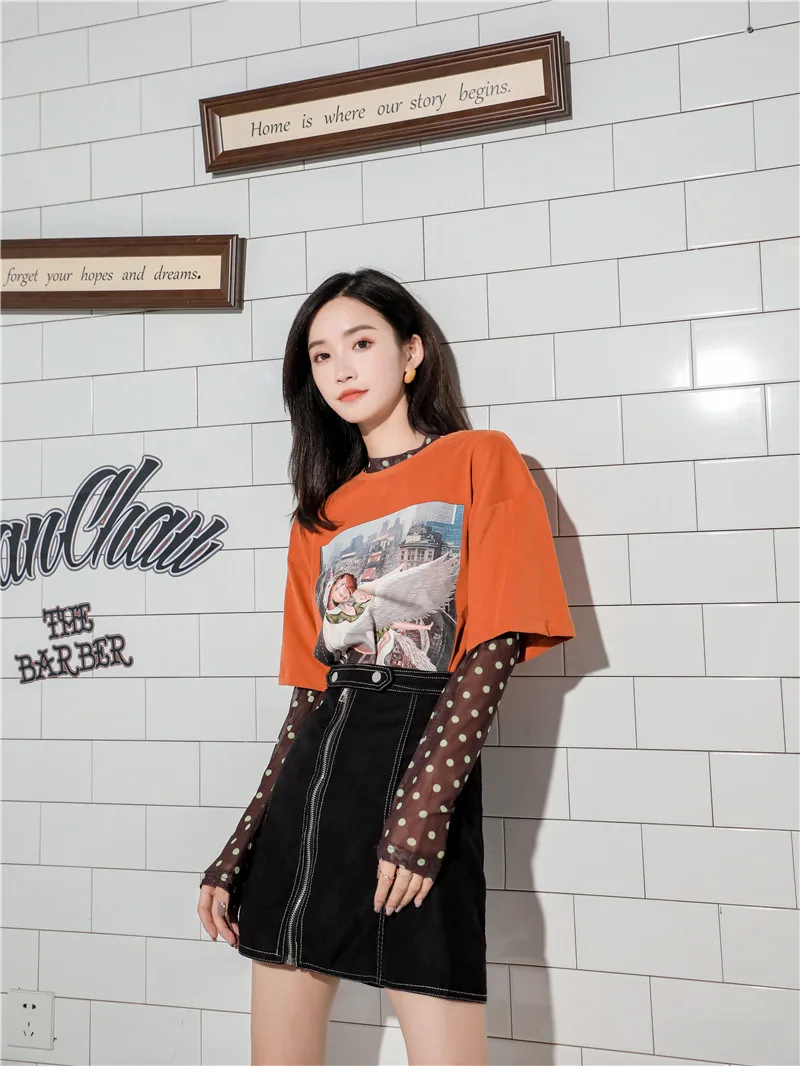 CHEERART Fake 2 Piece Graphic T Shirts Mesh Long Sleeve Top Women Tshirt Loose Fashion T Shirt Orange Tee Shirt Femme Clothing