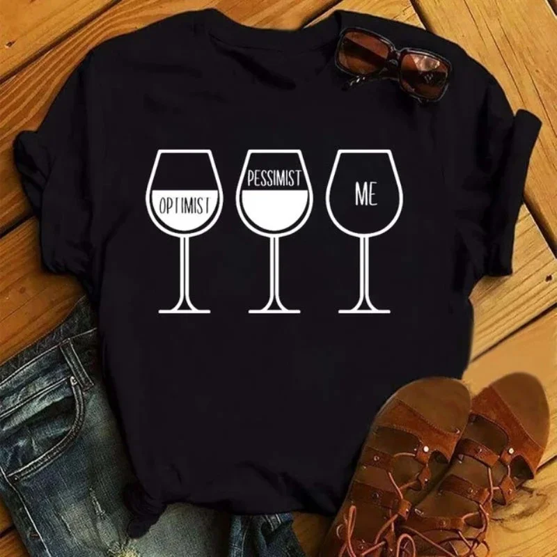 Maycaur T-Shirt Women Rose Gold Wine Glasses Print White and Black T-Shirt Summer Casual Loose Plus Size T Shirt Female Tops Tee cute summer crop tops