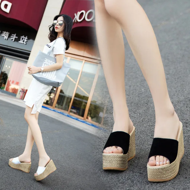 

Korean-style WOMEN'S Slippers Waterproof Platform Slanted Heel Slippers Thick Bottomed High-Heel Platform Single-strap Slipper S