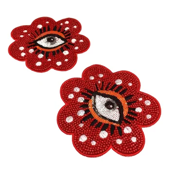 

Sequin Embroidery Patch Evil Eye Red Beaded Applique Embroidered Patches For Clothing Jackets Parches Ropa Sew On 11cm AC1378